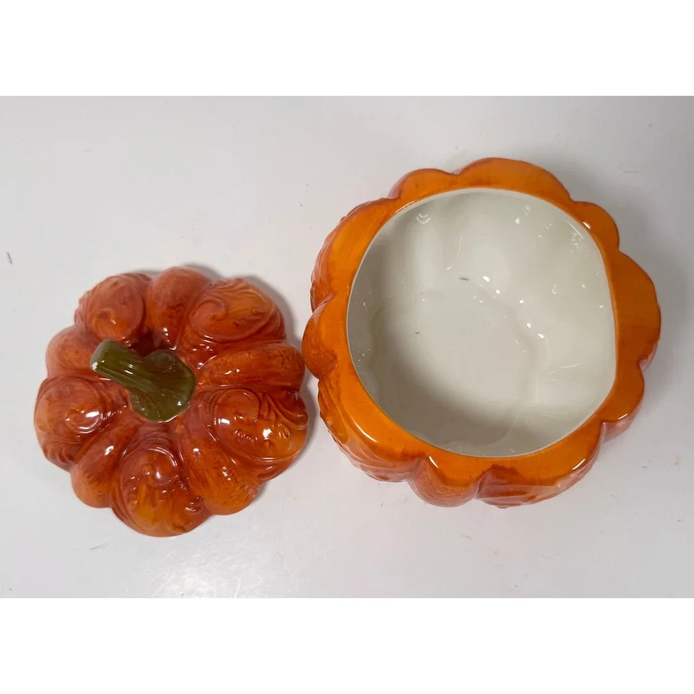 Pier 1 Imports Hand Painted Dolomite Pumpkin Lidded Jar Orange Fall Decor Whimsy